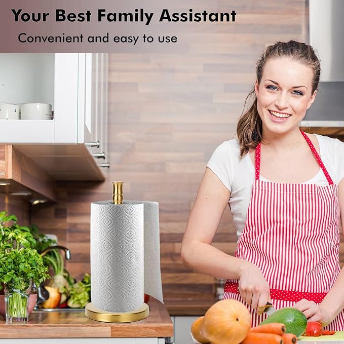 Gold Paper Towel Holder Stand Countertop with Heavy Weighted Stainless Steel Base, Free Standing Paper Towel Holder (Gold Brushed)