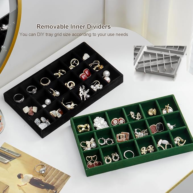 SPAKOWN Jewelry Organizer for Drawer, Adjustable Velvet Jewelry Tray, Stackable Necklace Organizer Earring Holder Organizer Ring Tray Jewelry Storage Display Drawer Inserts Set of 9 (Black)