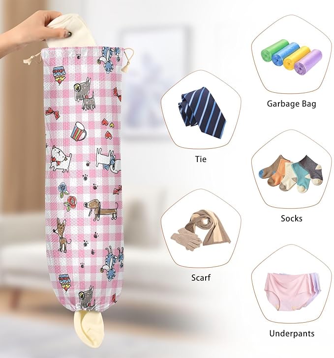 1 PC Plastic Bag Holder Wall Mount Grocery Bag Holder Shopping Bag Trash Bag Storage Organizer Dispenser for Kitchen Closet 22 x 9 Inch Cute Dogs