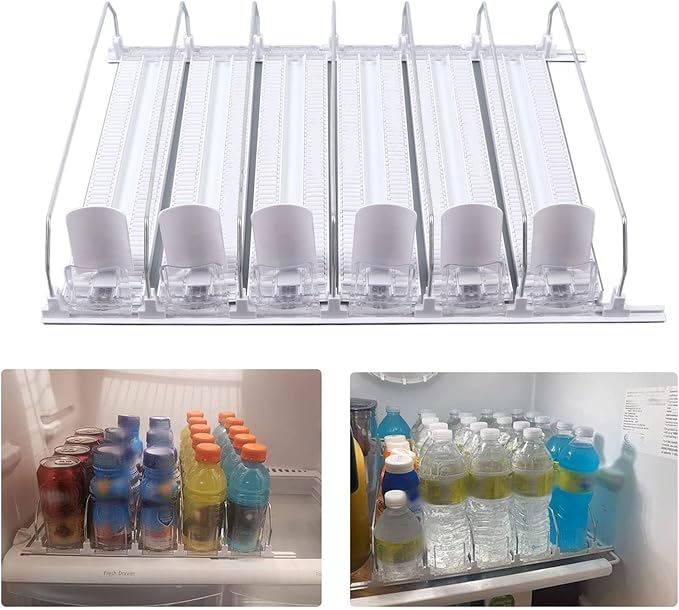FLEXMAN Drink Organizer for Fridge, 6 Rows Adjustable Width Spring Loaded Drink Dispenser, Beverage Dispenser, Water Bottle Organizer for Soda, Beer, Wine, Sparkling Wine (White)