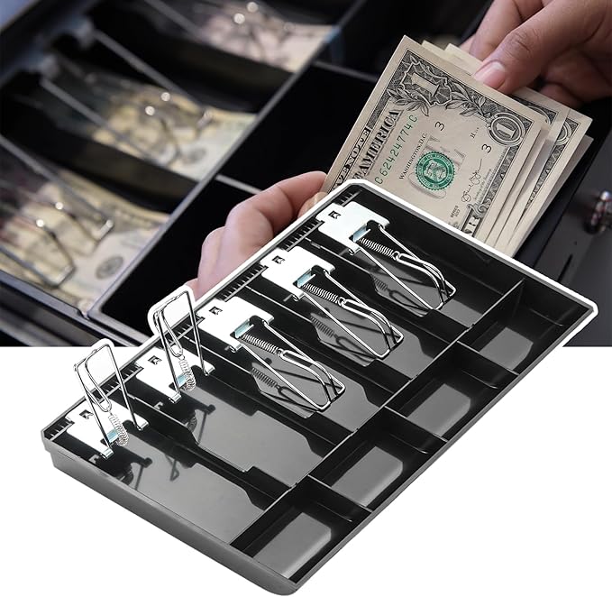 QTLCOHD 2 Pcs Cash Register Drawer Insert Tray 4 Coin/5 Bill Coin Compartments Money Drawer Organizer with Plastic Clip for Money Storage, Bills, Cash, Small Business