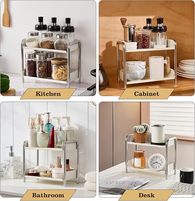 MOZIMABOX Cabinet Organizer Shelf, 2 Tier Kitchen Spice Rack Countertop Shelf Organizer, Stainless Steel Kitchen Storage Countertop Storage Shelf Container, (S, White)