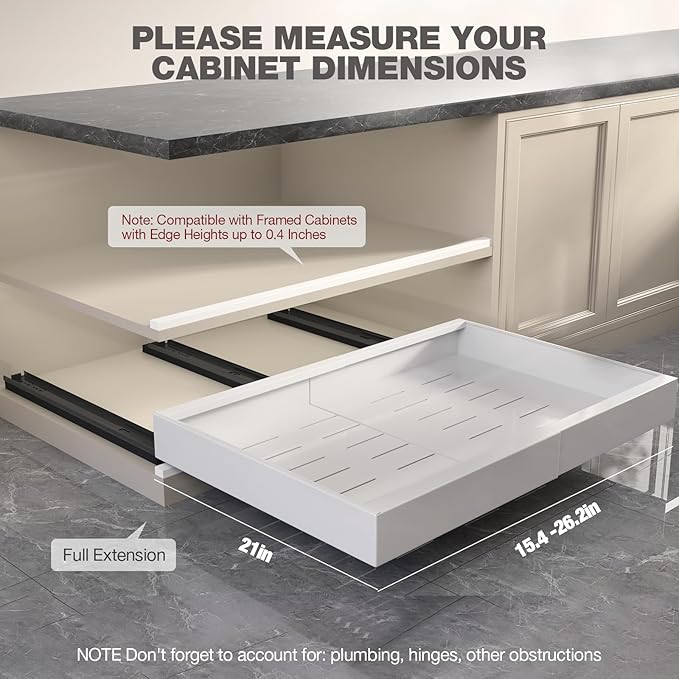 4 Pack Pull Out Cabinet Organizer 21" Deep,Full Extension 3 Slide Rails Slide Out Drawers With Raising Pad for Framed Cabinets,Expandable Width (15.4"-26.2"),No Drill Roll Out Shelves,White