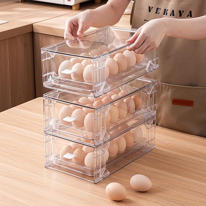 Home Egg Container for Refrigerator Stackable Egg Holder with Lid and Handle,36 Egg Tray，Clear Plastic Egg Storage Organizer for Kitchen, Pantry, Fridge, Space Saving, Pack of 2