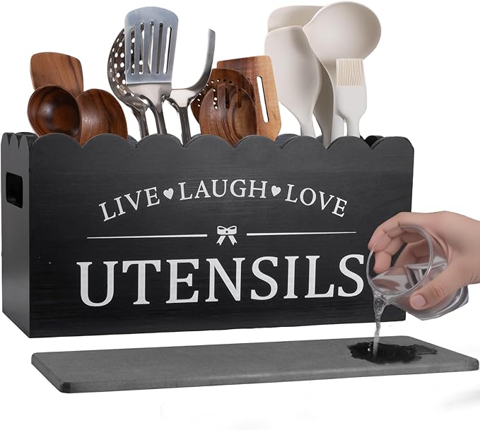 Extra Large Kitchen Utensil Holder – 4-Compartment Wooden Utensil Organizer for Kitchen Counter, Rustic Farmhouse Black Décor & Accessories, Cooking Utensil Storage（black）