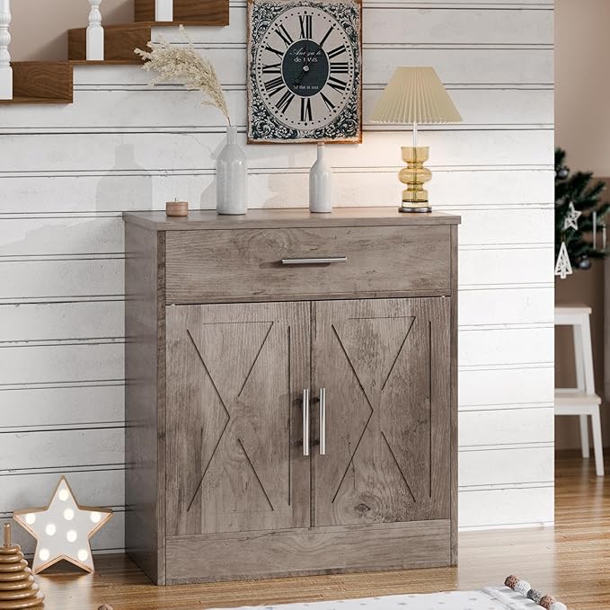 SUNLEI Kitchen Buffet Sideboard Cabinet, Farmhouse Wooden Storage Cabinet with 2 Doors & 1 Drawers, Coffee Bar Cabinet with Storage for Living Room, Adjustable Shelf, Grey