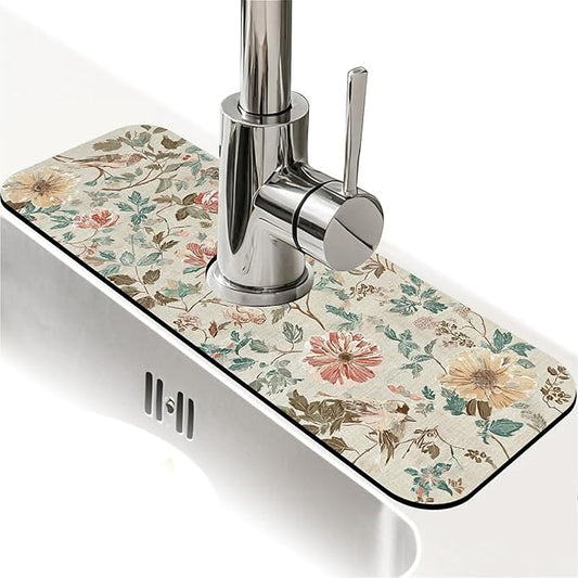 Kitchen Sink Splash Guard，Charming flowers Faucet Mat Sink Gadgets-Super Absorbent Fast Drying Mat Drip Catcher for Kitchen, Bathroom,Sink Mat, Dish Drying Mat, Bathroom(15" X 5.5" )