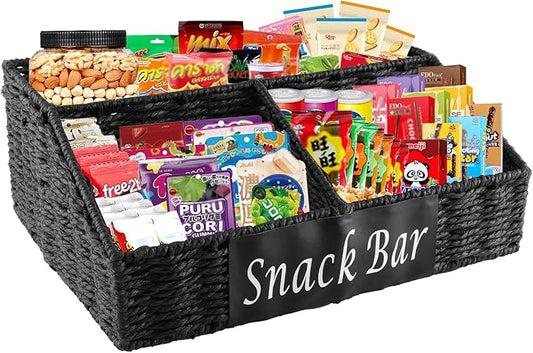 Snack Organizer for Countertop, Trapezoid 3 Compartment Snack Basket Snack Box Container , Snack Bar Organizer, Paper Rope Basket for Kitchen Pantry Organizers and Storage, Black