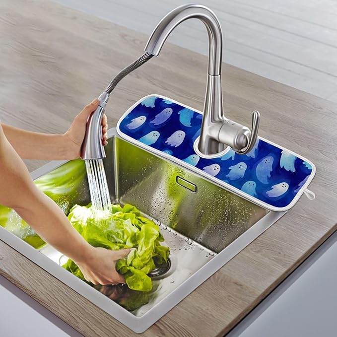 2 PCS Kitchen Sink Splash Guard 14.9 Inch Faucet Mat for Kitchen Sink Bathroom Sink Faucet Absorbing Drip Drain Mat Pad Microfiber Soft Washable Halloween Orange Blue Ghosts
