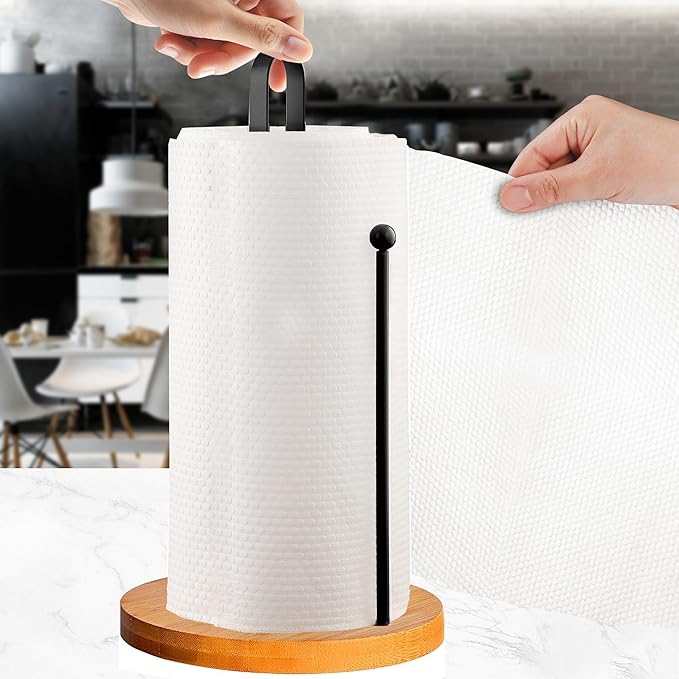 Wood Paper Towel Holder Countertop, TONLEA Kitchen Paper Towel Holder FreeStanding with Non-Slip Base for Kitchen and Bathroom Organization