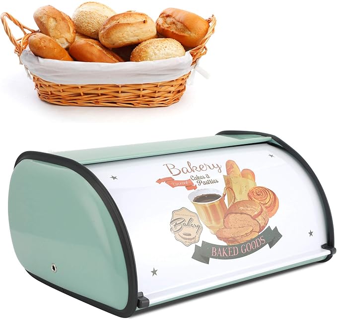 Roll Top Bread Box for Kitchen Counter - Metal Bin Retro Food Storage Container, 13"x9.4"x5.9" (Green)