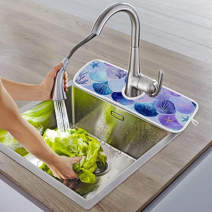 2 PCS Kitchen Sink Splash Guard 14.9 Inch Faucet Mat for Kitchen Sink Bathroom Sink Faucet Absorbing Drip Drain Mat Pad Microfiber Soft Washable Watercolor Mermaid Scales Starfish