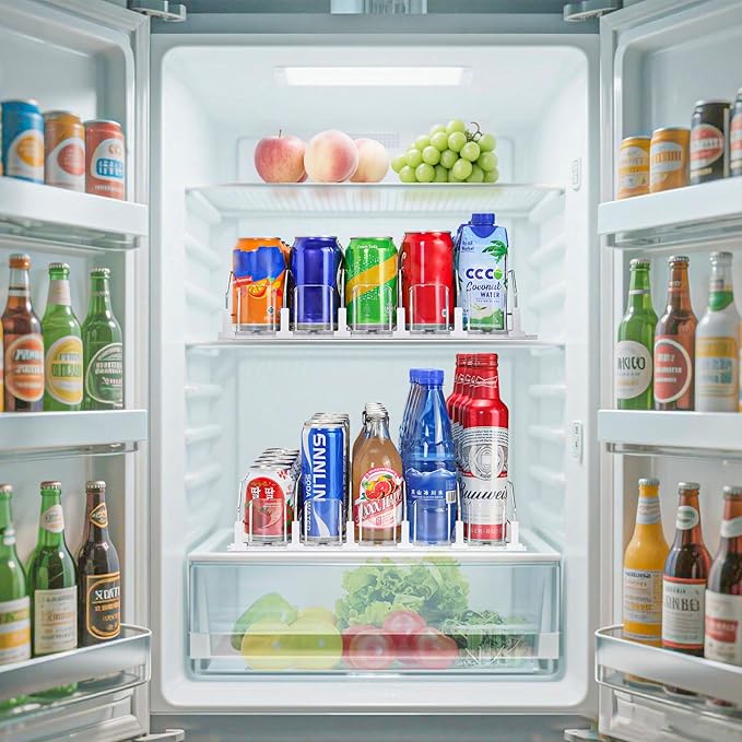 Drink Organizer for Fridge，adjustable soda can and bottled beverage dispenser,automatic sliding , soda can organizer，Holds up to 25 Cans，5 Row