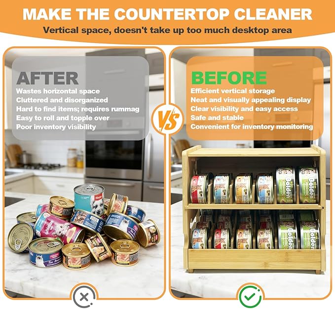 Bamboo Can Organizer for Pantry,Cat Food Organizer, 2 Tier Stackable Pet Food Can Organizer for Kitchen Pantry, Can Rack Organizer for Human and Pet Food Cans, FIFO Design