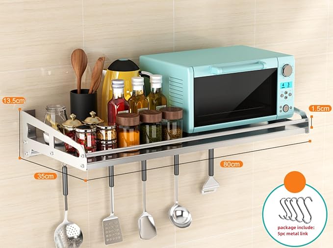Wall Mount Metal Wall Shelf Kitchen Spice Condiment Racks 304 Stainless Steel fit Storage Rack Bedroom Bathroom Living Room Shelves (Length31.5 width13.7)