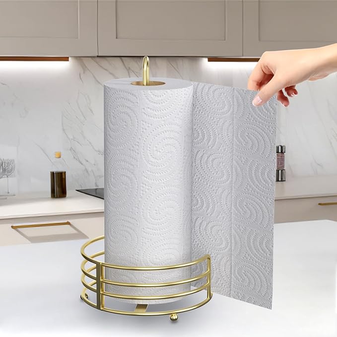Buruis Shiny Gold Paper Towel Holder for Kitchen Countertop - One Hand Tear with 8" Wide Base, 13" Height, Raised Feet & U-Handle - Premium Steel Stand, Fits Jumbo Mega Rolls