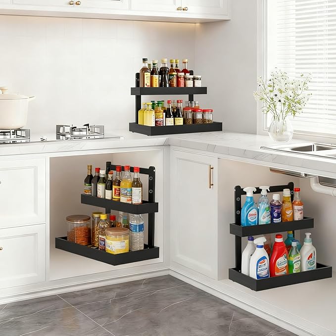 Bamboo Undersink Organizer Storage - 2-Tier Cabinet Shelf with Adjustable Levels, Under Sink Storage Slide Out for Cabinet Pantry Kitchen Bathroom