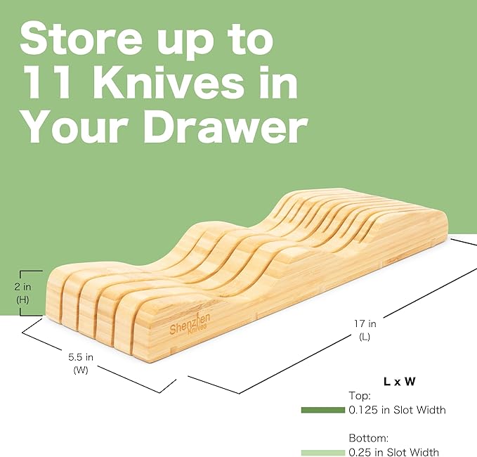 Shenzhen Knives Large In-Drawer Bamboo Knife Block: 11 Slot (Holds 10-12 Knives) Empty Wooden Knife Holder for Kitchen Drawers - Cutlery Tray Organizer & Storage