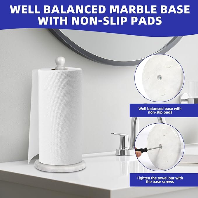 Handmade Marble Paper Towel Holder - 12" Upright Paper Roll Dispenser with Heavy Non-Slip Base for Easy One-Handed Tear - Ideal for Kitchen Countertops, Cabinets, and Bathrooms-White & Light Grey…