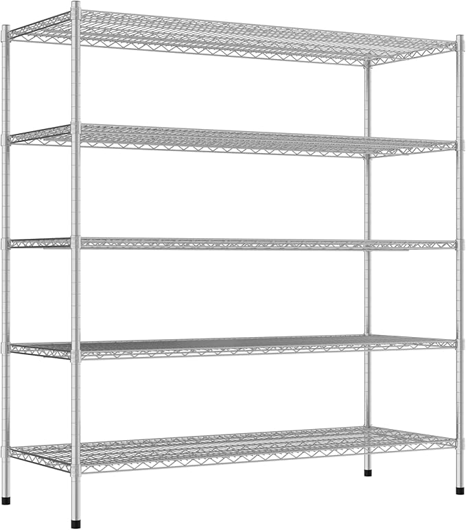 Commercial NSF Listed Chrome Stationary Wire Shelving Kit 24" x 60" x 64", with 5 Shelves Perfect for Warehouse, Walk-in Refrigerator, Freezer, Grocery Store, Restaurant, Dishroom