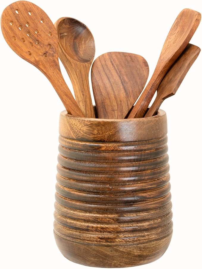 Mie Creations Rustic 7'' Large Utensil Crock Holder for Kitchen Countertop | Wooden Cooking Spatula Organizer for Party, Mother's Day Wood Utensils Caddy, Vintage Kitchen Counter Decor-Dark Brown