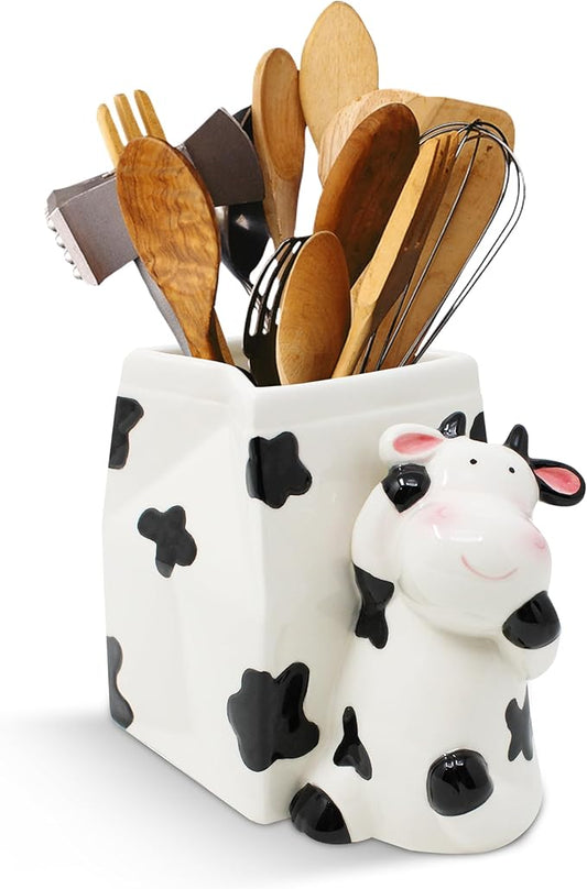 Utensil Holder | Cow Gifts For Women | Cow Stuff Print Kitchen Crock Storage | Accessories Decoration | Cute Gifts For Women | La Vaca Animal Cow Decor | Countertop Cow Stuff Vase