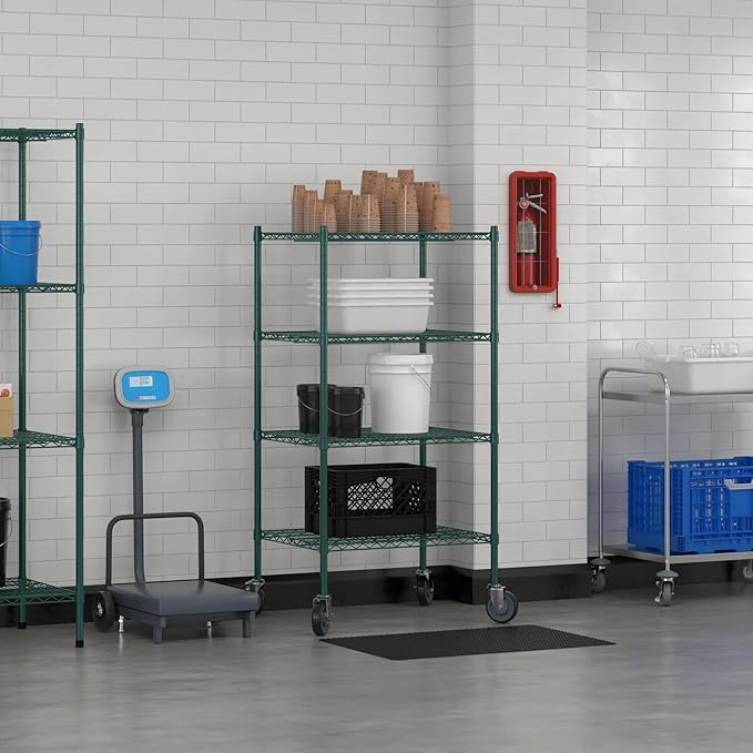 Commercial NSF Listed Green Epoxy Mobile Wire Shelving Kit 24" x 30" x 60", with 4 Shelves Perfect for Warehouse, Walk-in Refrigerator, Freezer, Grocery Store, Restaurant, Dishroom