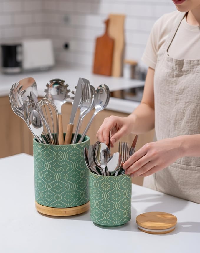TEATALK Utensil Holder Set of 2, 7.7"+5.7" Ceramic Kitchen Utensil Holder for Countertop, Farmhouse Vintage Utensil Crock for Cooking Utensils, Large Utensil Organizer (Green)