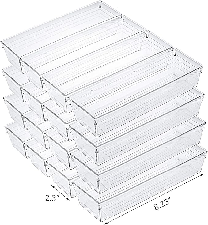 Kingrol 12 Pack Clear Drawer Organizers, 9 x 3 x 2 Inch Drawer Divider Storage Bins, Desk Storage Box Set for Kitchen Bedroom Bathroom Office Craft Supplies