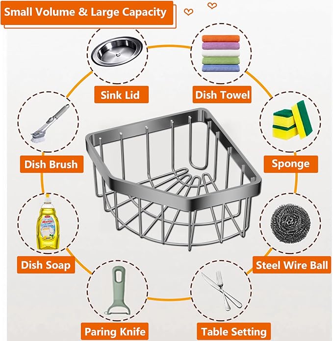 Kitchen Sink Caddy Corner Sponge Holder, CIT ZCFYU Adhesive Stainless Steel Dish Sponge Holder,Dish Cloth Hanger Kitchen Sink Organizer Soap Storage Rack for Space-Saving Storage(not for Rounded) Grey