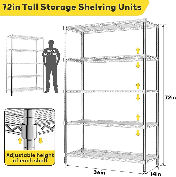 MODCART Storage Shelves, 3 PCS 36" L x 14" W x 72" H Heavy Duty Garage Wire Shelving Unit Loads 1750LBS, 5-Tier Adjustable Metal Industrial Utility Shelf Rack for Kitchen, Laundry Room, Basement