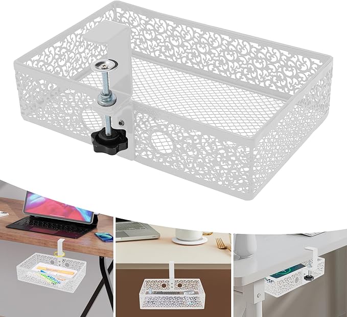 360° Rotatable Under Desk Storage Basket, Clamp-On Slide-Out Organizer for Office Desk, 12×8×4 in Metal Mesh Tray, Movable Pen File Headphone Holder, No-Drill Swivel Hanger, Under Table Shelf