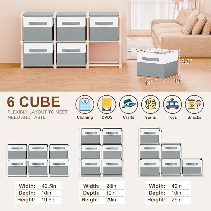 Thyle Large Cube Storage Organizer Shelf with 6 Bins 14 Inch Fabric Collapsible Cubby Storage Drawers Shelving Unit for Christmas Ornaments Clothes Toys Craft(Gray-white,Minimalist)