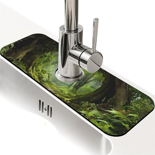 Kitchen Sink Splash Guard，lush green forest Faucet Mat Sink Gadgets-Super Absorbent Fast Drying Mat Drip Catcher for Kitchen, Bathroom,Sink Mat, Dish Drying Mat, Bathroom(15" X 5.5" )
