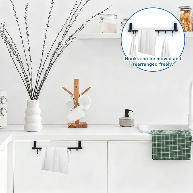 2Sets Towel Holder, Over The Cabinet Door Towel Rack with Hooks, No-Installation Organizer for Kitchen Towels and Utensils on Bathroom Pantry Doors (Black)