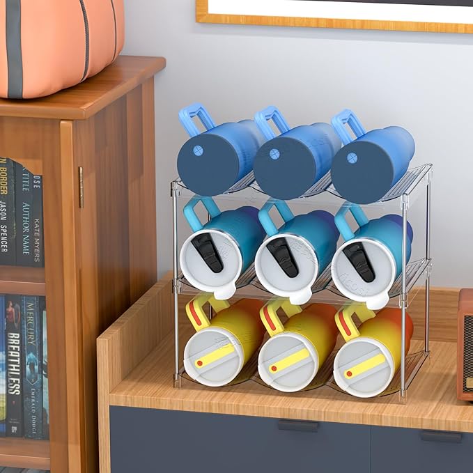 Stackable Water Bottle Organizer for Cabinet,3 Pack Water Bottle Holder for Stanley Yeti 40 oz Bottle Shelf,Clear Tumbler Storage Organizer,Wine Rack,Cup Organizer for Kitchen Cabinets Counter Pantry