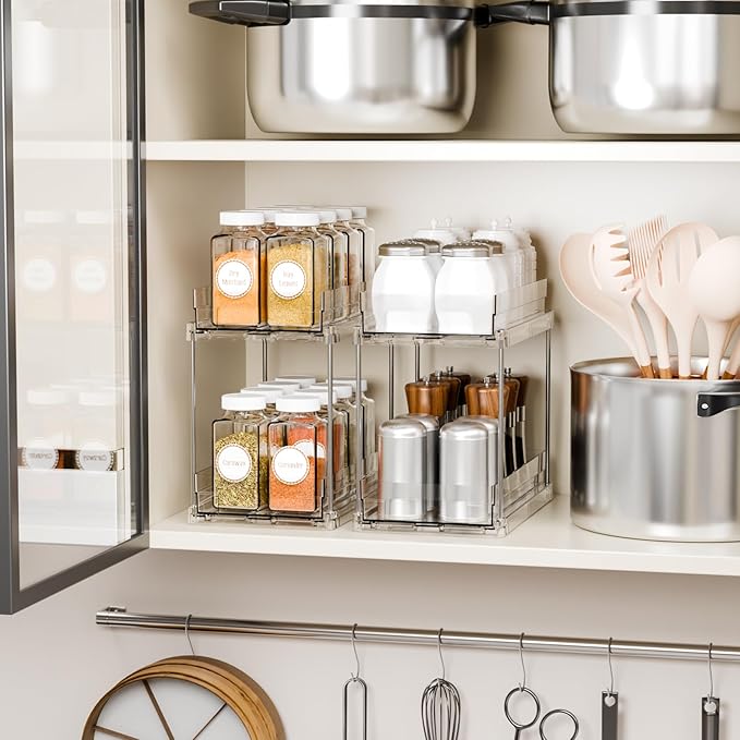Yieach 4 Set Clear Pull Out Bathroom Organizers and Storage,2 Tier Under Sink Organizer and Medicine Cabinet Organizer,Small Slide Out Drawers for Pantry,Under Cabinet,Kitchen Storage and Organization