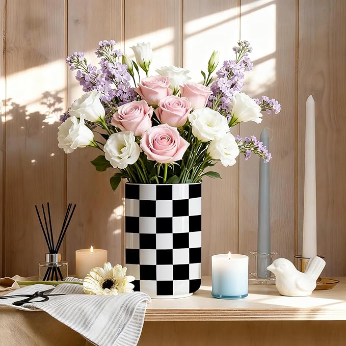 Checkered Utensil Holder,Ceramic Spatula Holder,Countertop Ceramic Utensil Holder,Large Cooking Utensil Crocks for Kitchen Counter Decor, Vase for Kitchen Utensils, H6.3 xD4.7(Black or white)