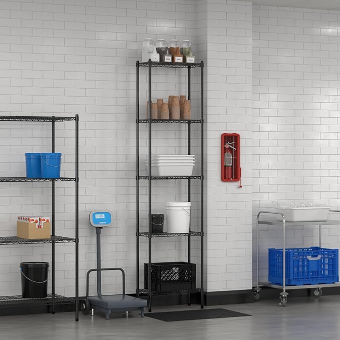 Commercial NSF Listed Black Epoxy Stationary Wire Shelving Kit 12" x 24" x 96", with 5 Shelves Perfect for Warehouse, Walk-in Refrigerator, Freezer, Grocery Store, Restaurant, Dishroom