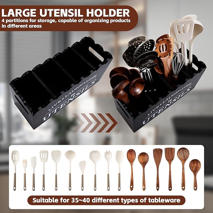 Extra Large Kitchen Utensil Holder – 4-Compartment Wooden Utensil Organizer for Kitchen Counter, Rustic Farmhouse Black Décor & Accessories, Cooking Utensil Storage（black）