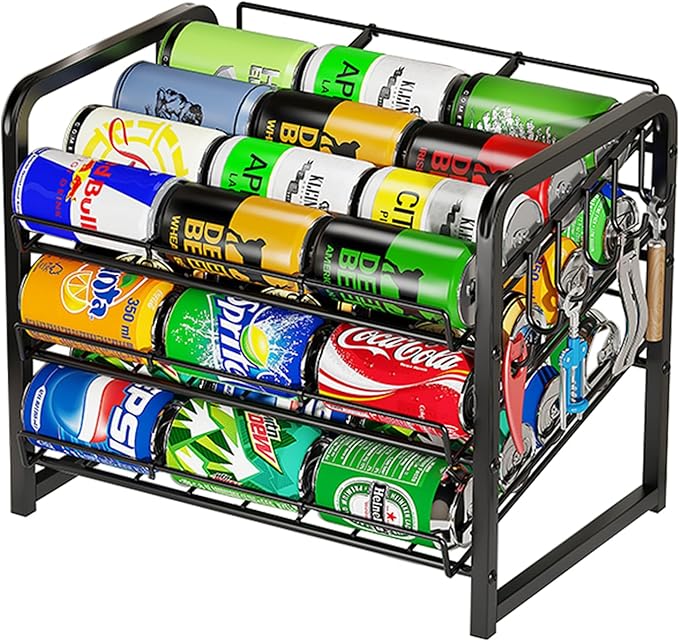 MIKEE 3-Tier Stackable Can Organizer for Pantry, Rolling Soda Can Dispenser with Removable Rubber Strips, Multi-Scenario Storage for Pantry&Kitchen for Cans & Bottles,Storage for 36 Cans, Black
