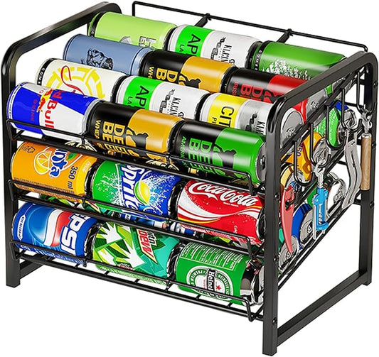 MIKEE 3-Tier Stackable Can Organizer for Pantry, Rolling Soda Can Dispenser with Removable Rubber Strips, Multi-Scenario Storage for Pantry&Kitchen for Cans & Bottles,Storage for 36 Cans, Black