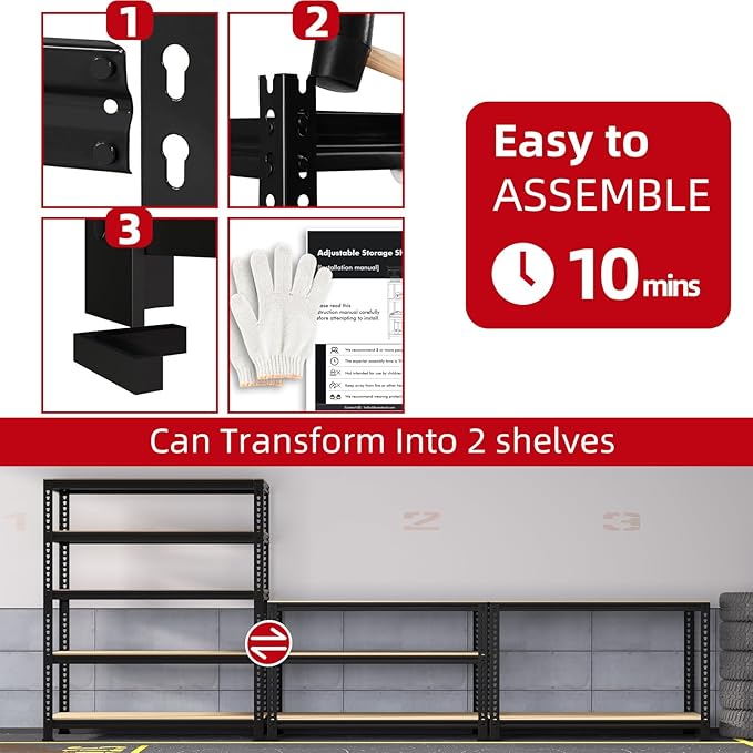 PrimeZone Heavy Duty Garage Storage Shelves, 31.5" W x 16" D x 63" H Adjustable Gargae Shelving, 5 Tier Metal Shelving Unit, Storage Shelf Utility Rack Organizer for Garage, Warehouse, Pantry, Black