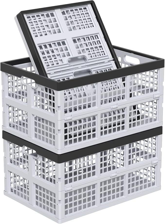 Waikhomes Pack of 3 Collapsible Storage Container Crates, Large Folding Basket Box with Handle, Grey, 42 L