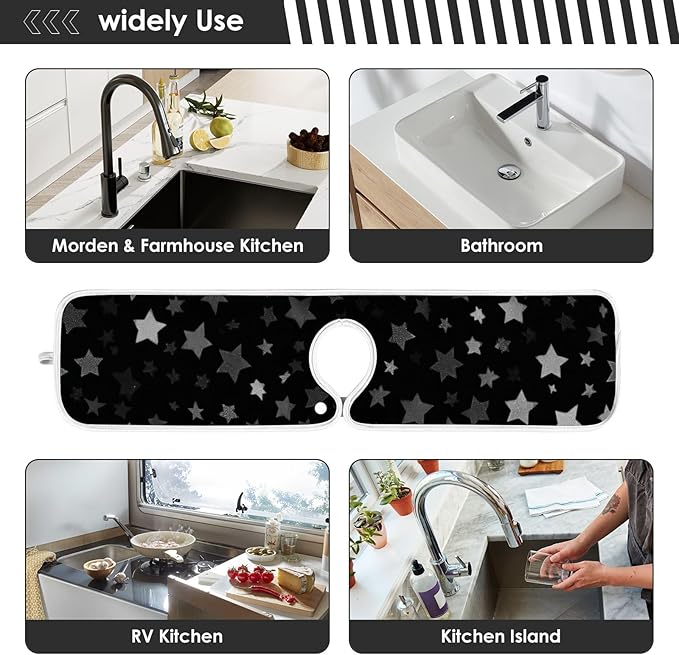 2 PCS Kitchen Sink Splash Guard 23.6 Inch Faucet Mat for Kitchen Sink Bathroom Sink Faucet Absorbing Drip Drain Mat Pad Microfiber Soft Washable Black and Blue Stars