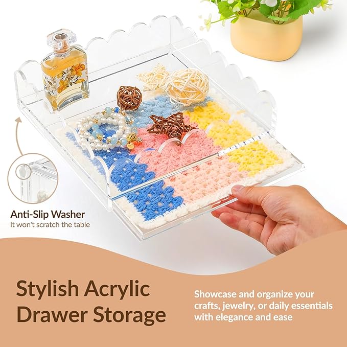 Scalloped Acrylic Tray for Needlepoint Inserts, 8" x 8" Clear Acrylic Tray with Drawer, Compatible for Art, Photos, Fabric & Custom Displays, Decorative Gift for Home or Office