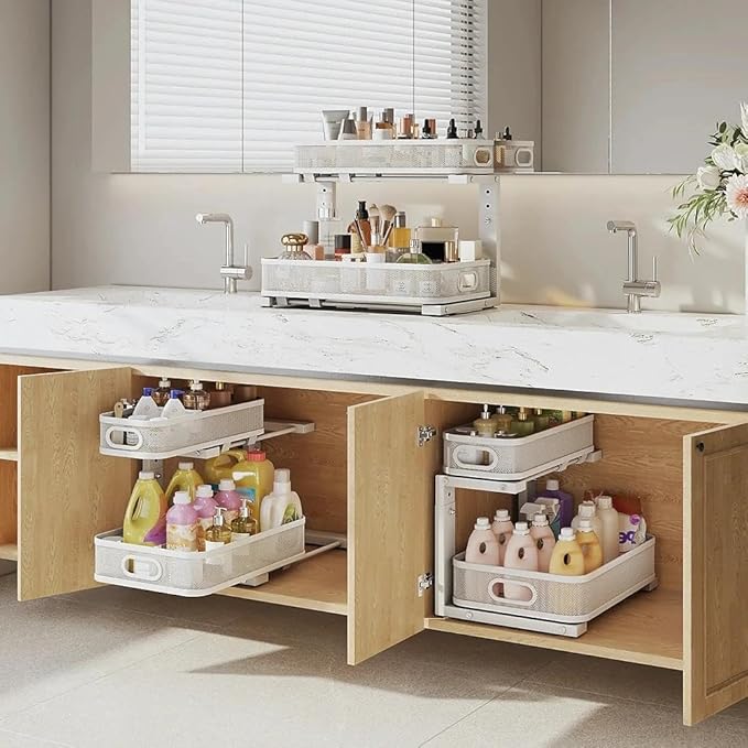 1 Pack 15.7IN-Depth Under Sink Organizer With Smooth Cylindrical Rail,2-Tier Pull Out Multi-Purpose Cabinet Storage for Bathroom&Kitchen,Height Adjustable,Rust-resistant Coating-White
