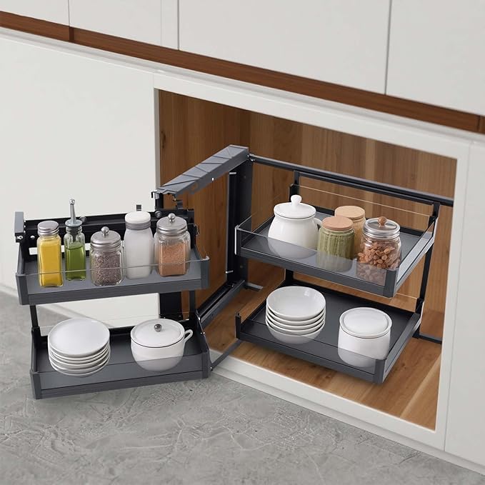 Blind Corner Cabinet Pull Out Organizer for 14 Inch Open Organizer, 2 Tiers Swing Tray Blind Corner Cabinet Pull Out with 4 Baskets, Blind Cabinet for Various Corners, Soft Close