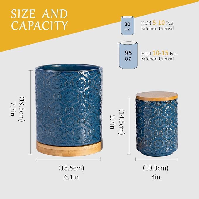 TEATALK Utensil Holder Set of 2, 7.7"+5.7" Ceramic Kitchen Utensil Holder for Countertop, Farmhouse Vintage Utensil Crock, 360° Rotating Large Utensil Organizer, Dark Blue