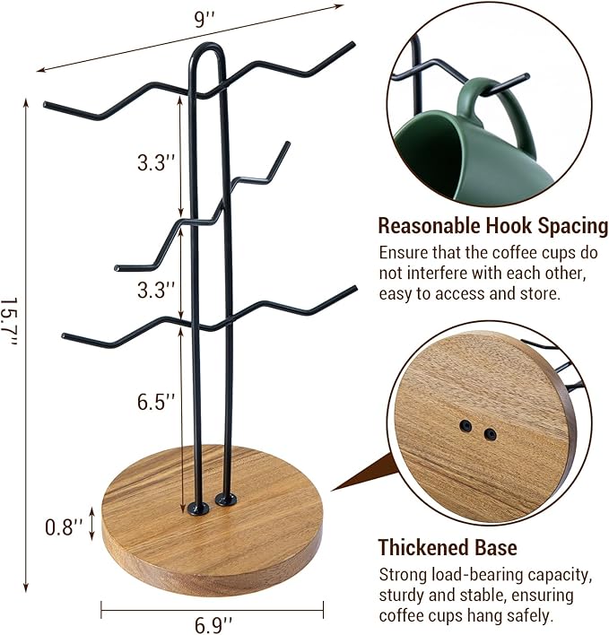 MyGift Black Metal Wire Tabletop Coffee Mug Holder with Premium Acacia Wood Base – Modern Countertop Cup Organizer Rack Stand